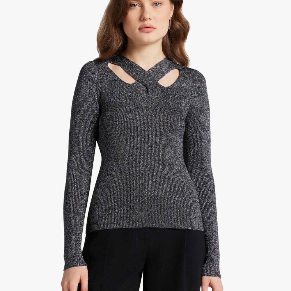 Michael Michael Kors Ribbed Metallic Knit Cutout Sweater NWT Size XS